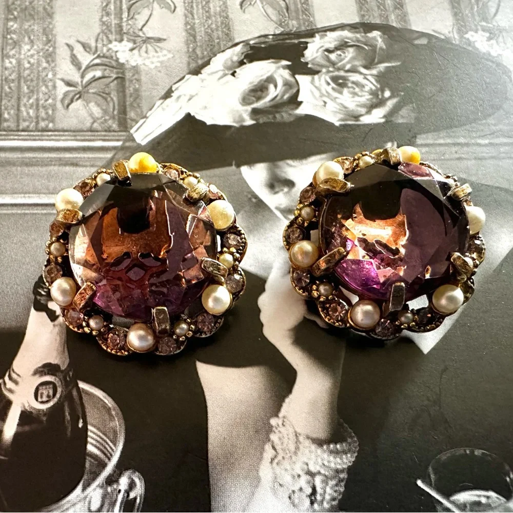 ARTHUR PEPPER ‘ART’ Amethyst Glass Clip On Earrings 1960s Vintage - Picture 9 of 11